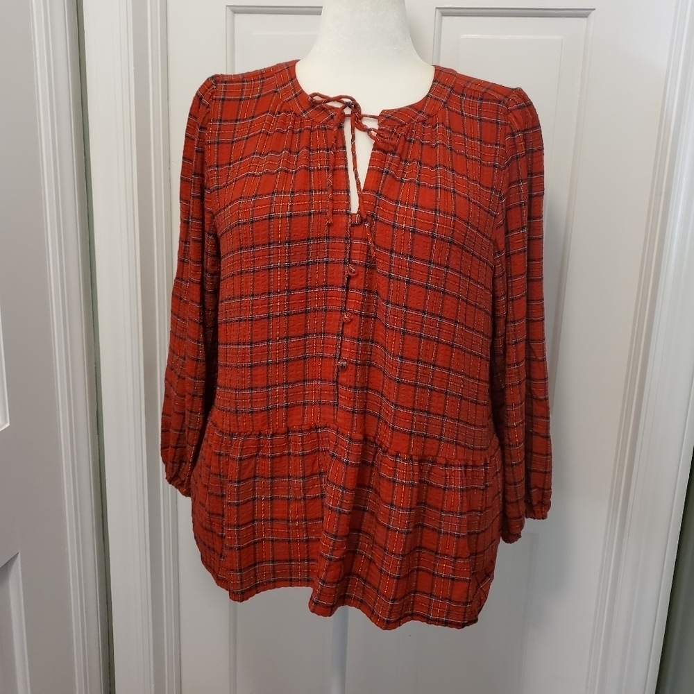 Loft Tarten Plaid With Gold Shimmer Peplum Blouse Size Large